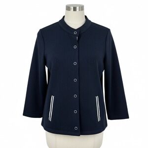 Onque Casual Womens Navy Blue Textured Snap Front Jacket Size Medium